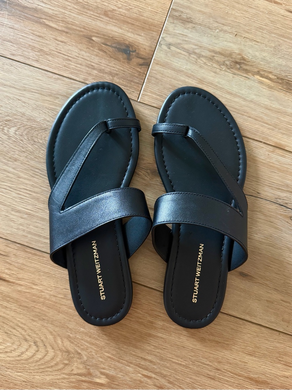 Stuart Weitzman Black Leather Cross-Strap Slide Sandals